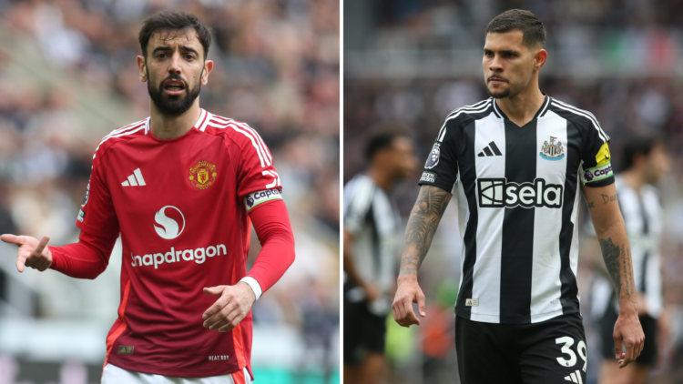 Split image of Manchester United's Bruno Fernandes and Newcastle United's Bruno Guimaraes.