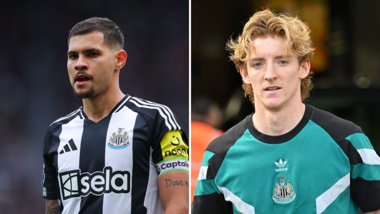 Split image of Bruno Guimaraes of Newcastle United during the Premier League match between Newcastle United FC and Manchester United FC and Newcast...