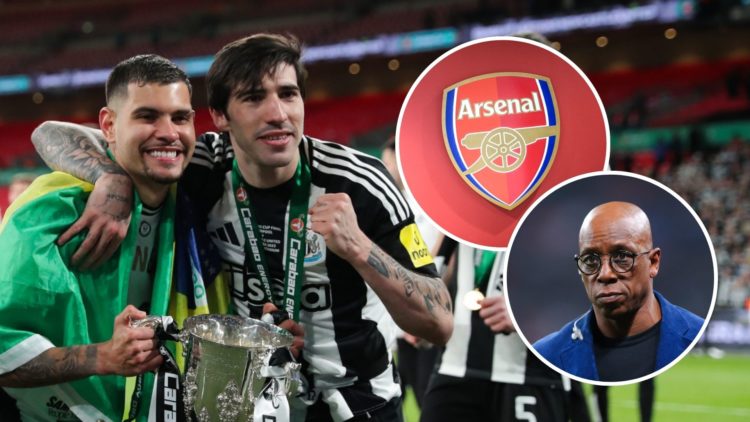 Bruno Guimaraes and Sandro Tonali of Newcastle United celebrate with the Carabao Cup. Inset of a general view of the Arsenal badge and Ian Wright l...