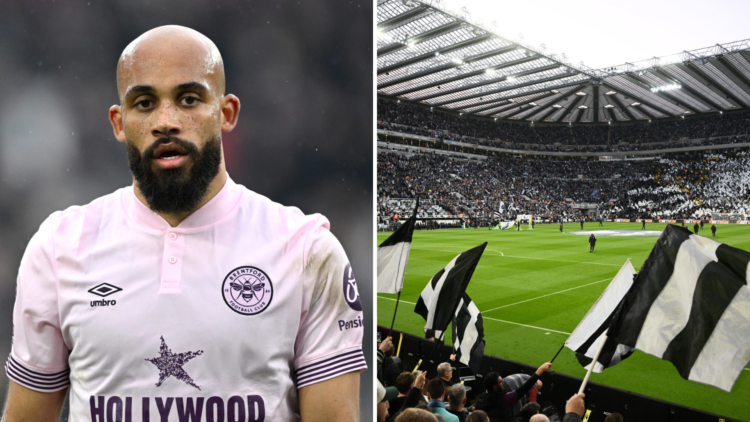 Split image of Brentford's Bryan Mbeumo and Newcastle United fans.