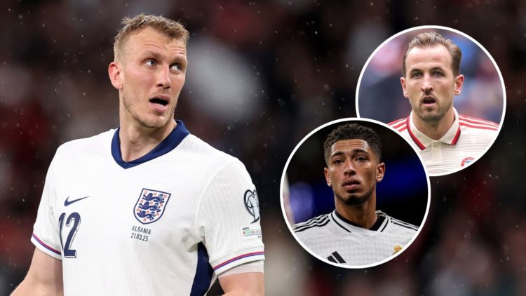 Dan Burn of England during the FIFA World Cup 2026 European Qualifier between England and Albania. Inset, Harry Kane and Jude Bellingham.