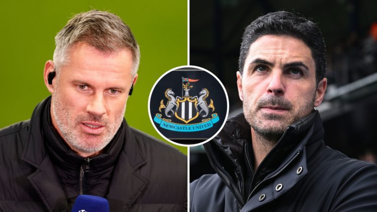 Split image showing Jamie Carragher, ex-footballer and football pundit before the UEFA Champions League match between Newcastle United and Paris Sa...