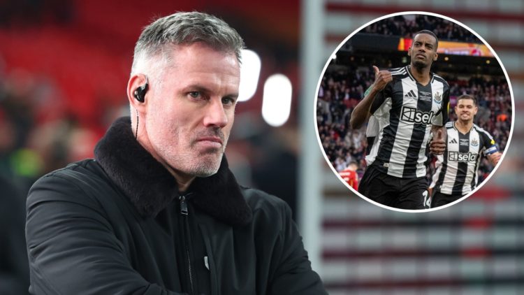 Jamie Carragher looks on at the end of the Carabao Cup Final between Liverpool and Newcastle United. Inset, Alexander Isak of Newcastle United F.C....