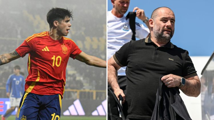 Split image of Antonio Cordero of Spain celebrates after scoring and Newcastle United Sporting Director Paul Mitchell arrives at the Nuremberg airp...