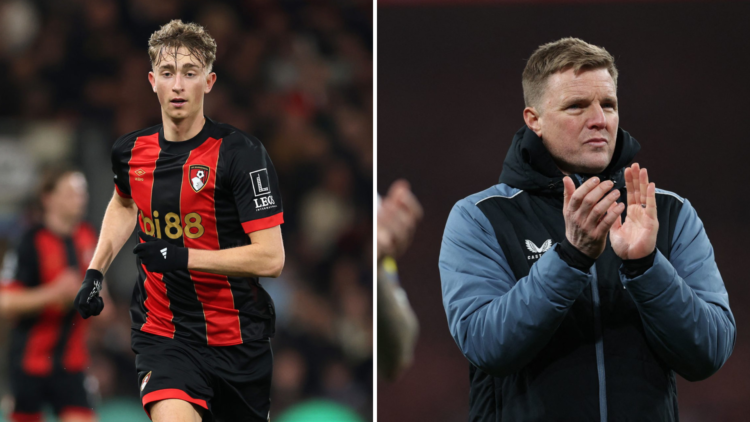 Split image of Bournemouth defender Dean Huijsen and Newcastle United manager Eddie Howe