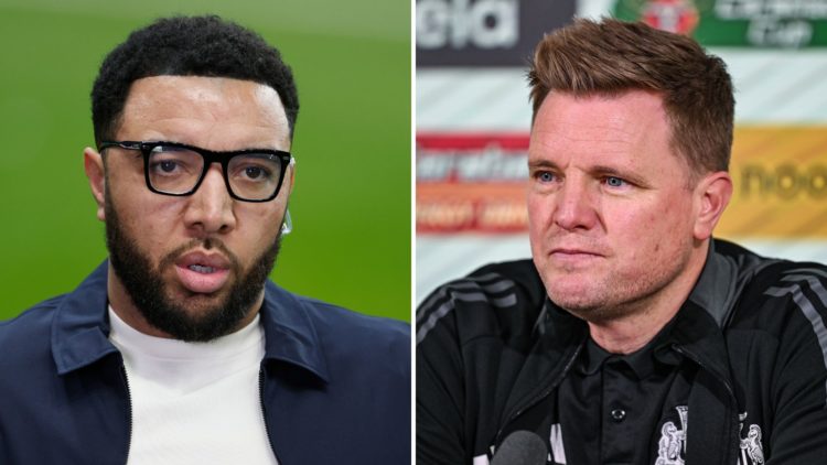 Split image of Troy Deeney, football pundit and former professional footballer portrait before the Carabao Cup Semi Final, and Newcastle United Hea...