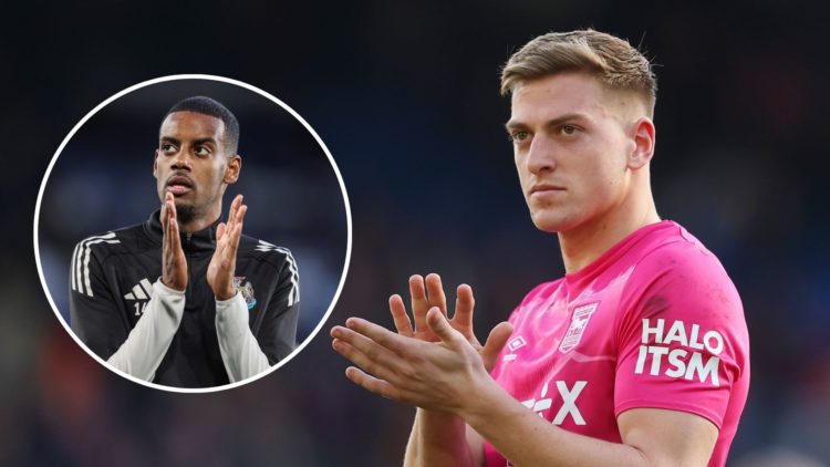 Liam Delap of Ipswich Town acknowledges the fans. Inset of Newcastle United's Alexander Isak applauding the fans.