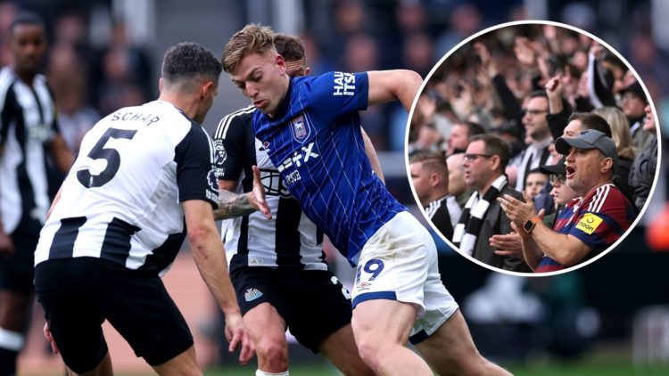 Liam Delap of Ipswich Town is challenged by Kieran Trippier and Fabian Schaer of Newcastle United during the Premier League match between Newcastle...
