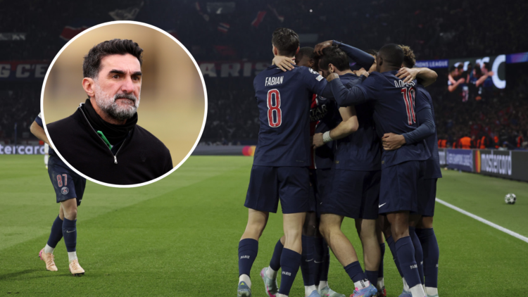 PSG players celebrate Desire Doue scoring, inset of Newcastle chairman Yasir Al-Rumayyan.