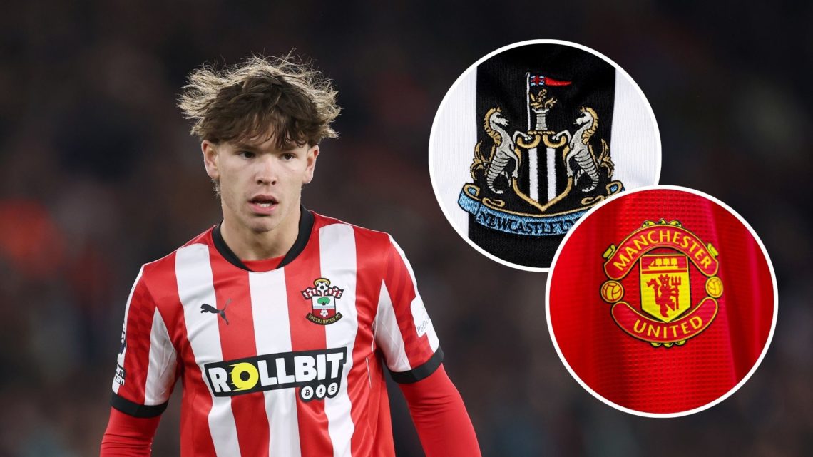Tyler Dibling of Southampton looks on during the Premier League match between Southampton FC and Crystal Palace. Inset 1, a detailed view of the ba...