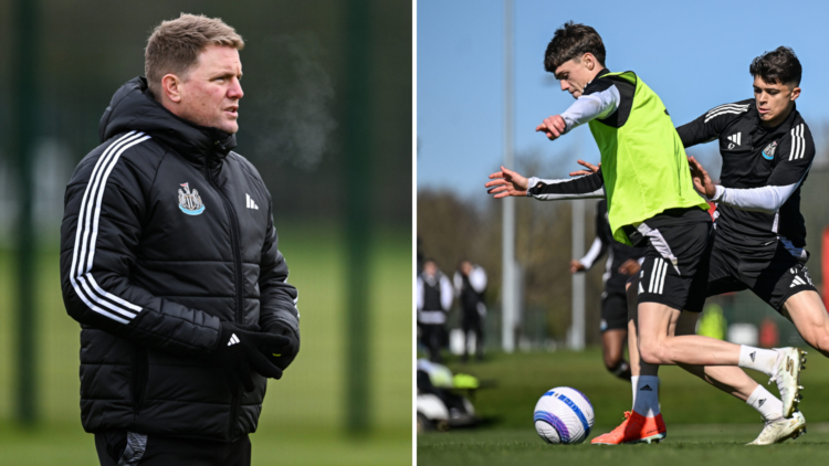 Split image of Newcastle United manager Eddie Howe and academy player Sean Neave.