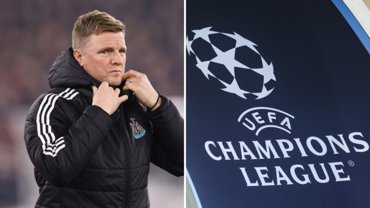 Newcastle United manager Eddie Howe and the Uefa Champions League logo.