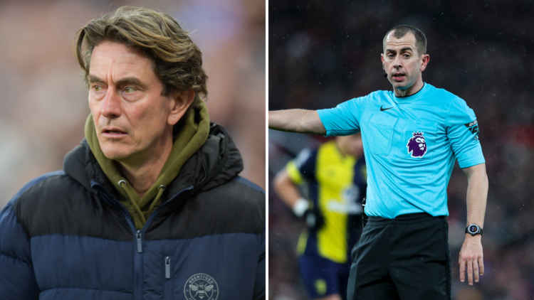 Brentford FC Manager Thomas Frank is present during the Premier League match between Newcastle United and Brentford. Referee Peter Bankes during th...