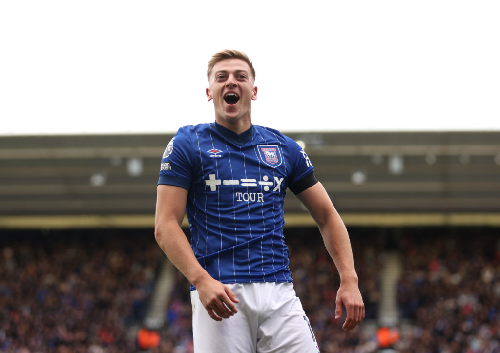 Liam Delap celebrates scoring for Ipswich against Aston Villa.