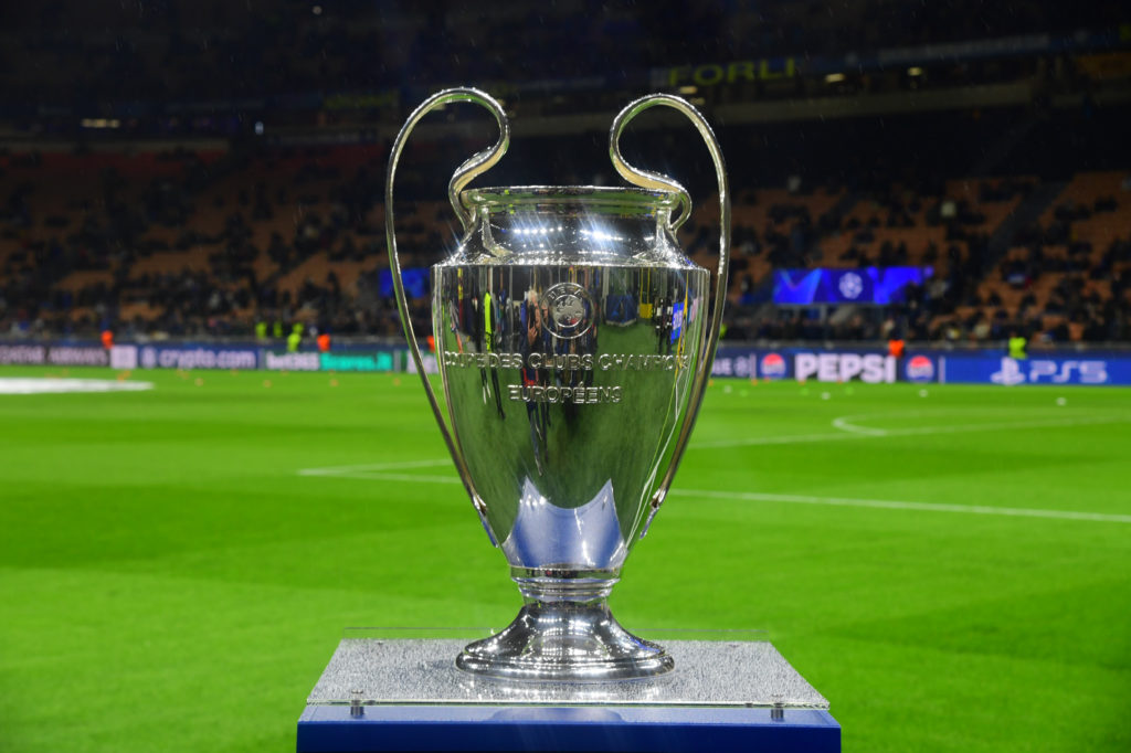 A general view of the UEFA Champions League trophy occurs during the round of 16 UEFA Champions League match between Inter Milan and Feyenoord Rotterdam