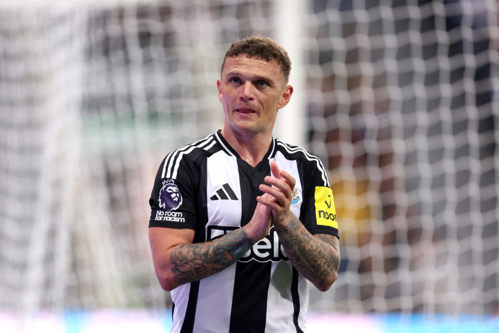 Kieran Trippier applauds Newcastle fans after being taken off in a game against Brentford.