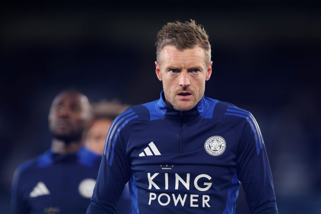 Jamie Vardy warming up ahead of Leicester City vs Newcastle United in April 2025.