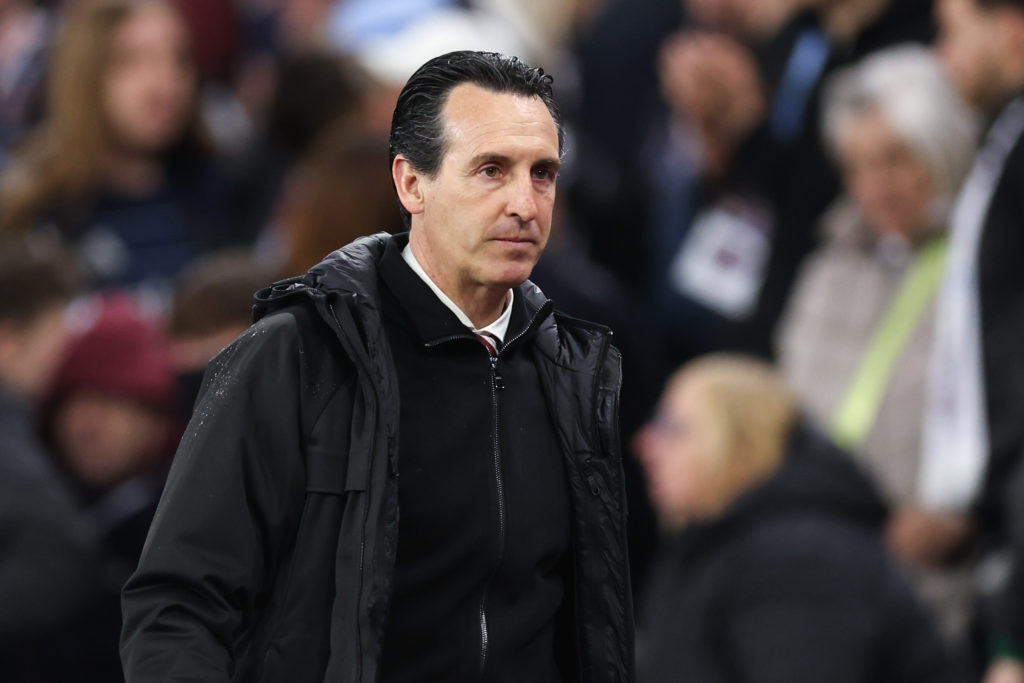 Unai Emery looks on during a Champions League game between Aston Villa and PSG