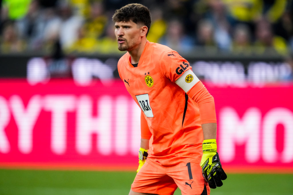 Borussia Dortmund goalkeeper Gregor Kobel looks on during the Bundesliga match between Borussia Dortmund and Borussia Mönchengladbach