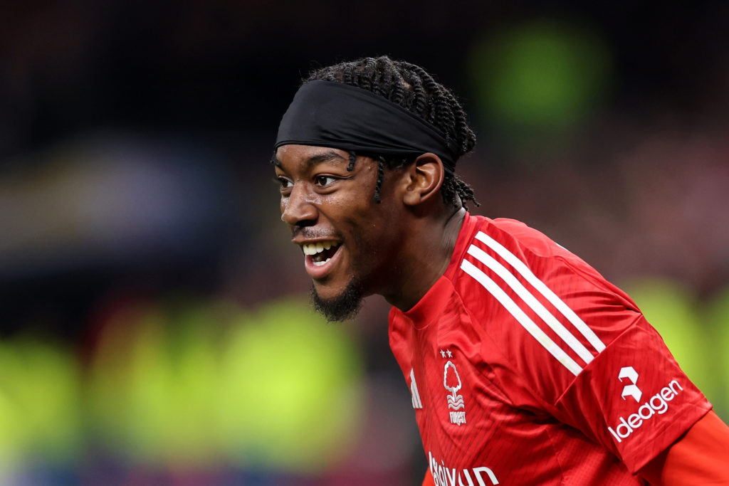 Anthony Elanga reacts during a Premier League game between Nottingham Forest and Tottenham.