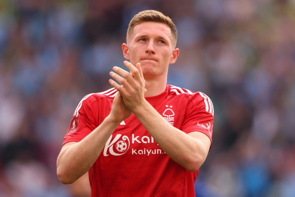 Elliot Anderson applauds the fans after a game between Nottingham Forest and Manchester City.