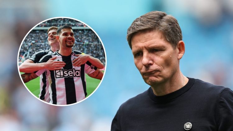 Crystal Palace manager Oliver Glasner looks dejected. Inset of Bruno Guimaraes and Harvey Barnes of Newcastle United celebrating.