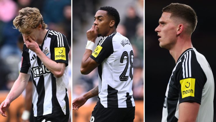 Split image showing Anthony Gordon of Newcastle United reacts after being sent off during the Emirates FA Cup Fifth Round match between Newcastle U...