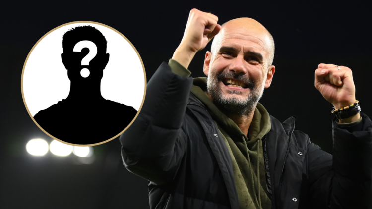 Pep Guardiola celebrates after their sides victory during the Premier League match between Manchester City and Fulham FC. Inset: A mystery player