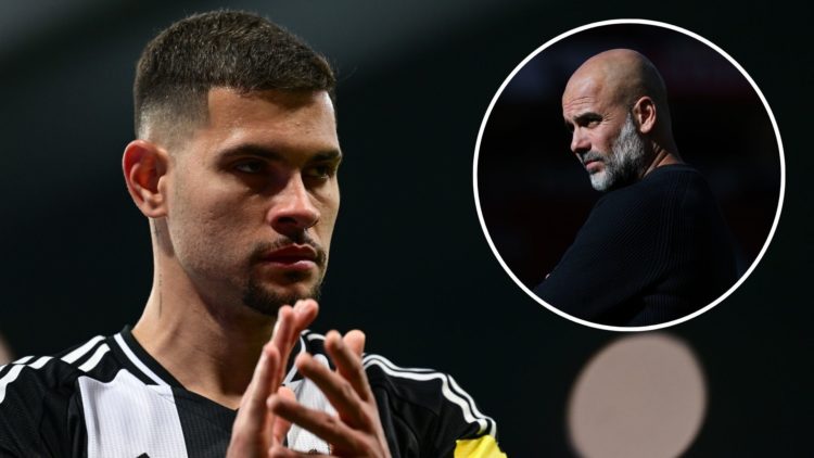 Bruno Guimaraes of Newcastle United (39) during the Premier League match between Newcastle United FC and Brentford. Inset, Pep Guardiola, Manager o...