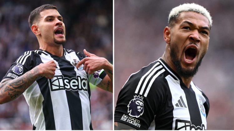 Split image of Bruno Guimaraes of Newcastle United celebrates after scoring a goal to make it 4-1 during the Premier League match between Newcastle...