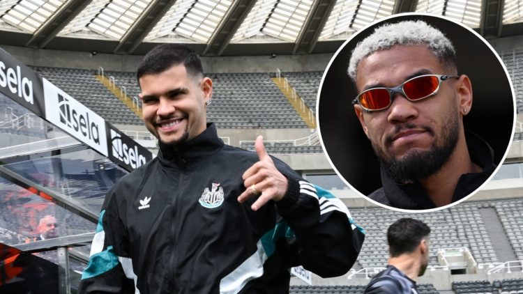 Bruno Guimaraes of Newcastle United (39) arrives for the Premier League match between Newcastle United FC and Ipswich Town. Inset, Joelinton of New...