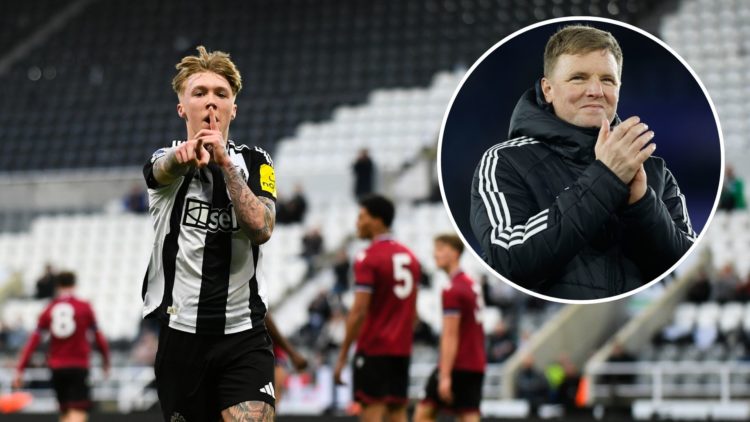 Alfie Harrison of Newcastle United celebrates scoring Newcastle's second goal of the game during the Premier League 2 match between Newcastle Unite...