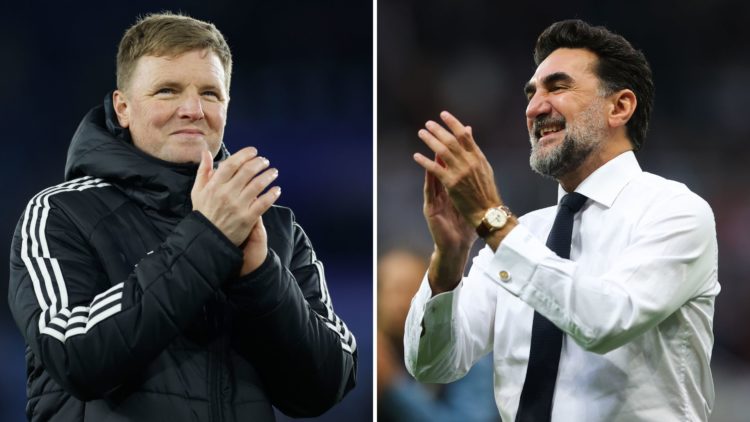 Split image of Yasir Al-Rumayyan, chairman of Newcastle United, during the Premier League match between Newcastle United and Leicester City and Edd...