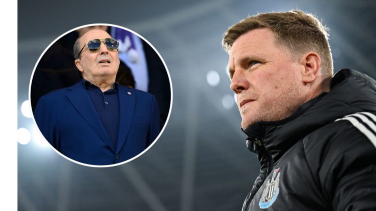 Newcastle United Head Coach Eddie Howe looks on during the Premier League match between West Ham United FC and Newcastle United FC. Inset, Fiorenti...