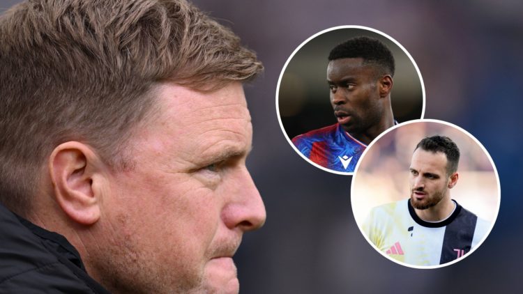 Newcastle head coach Eddie Howe looks on during the Premier League match between Newcastle United FC and Nottingham Forest. Inset 1, Marc Guehi of ...