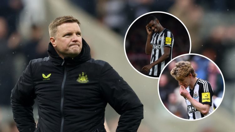 Eddie Howe, Manager of Newcastle United, looks dejected following the Premier League match between Newcastle United and AFC Bournemouth. Inset 1, A...