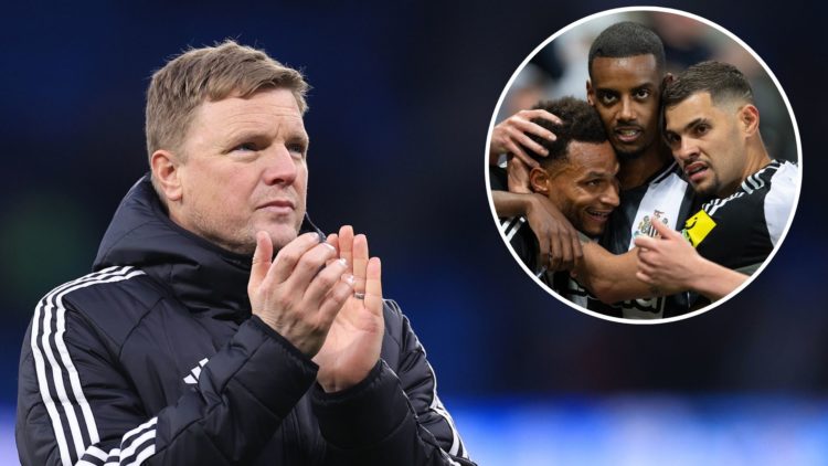 Newcastle United manager Eddie Howe applauds the support after the Premier League match between Manchester City FC and Newcastle United FC. Inset, ...