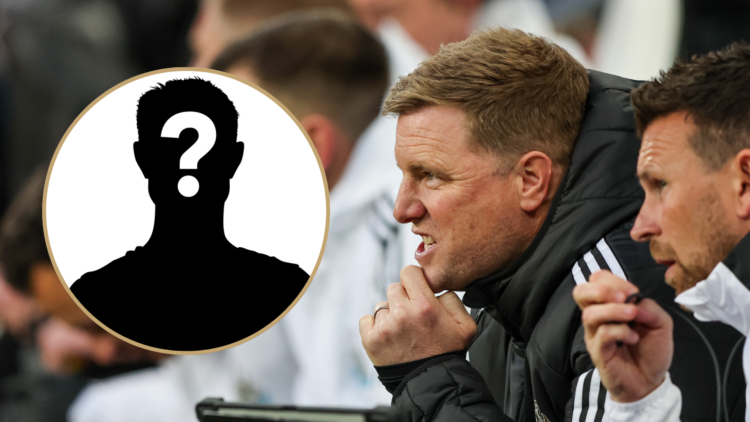 Newcastle United manager Eddie Howe looks on during the Premier League match between Newcastle United and Brentford. Inset, a mystery player.