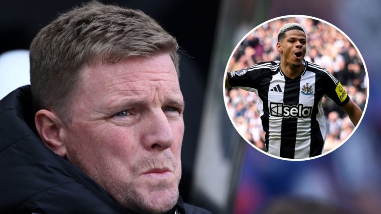 Eddie Howe, Manager of Newcastle United, looks on prior to the Premier League match between Newcastle United FC and Ipswich Town. Inset, William Os...