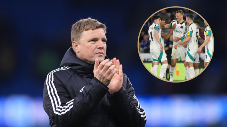 Newcastle United manager Eddie Howe applauds the support after the Premier League match between Manchester City FC and Newcastle United FC. Jacob M...
