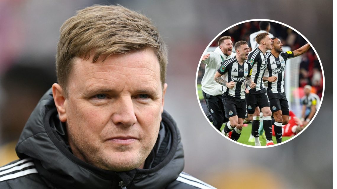 Newcastle United's English head coach Eddie Howe reacts during the English FA Cup fifth round football match between Newcastle United and Brighton ...