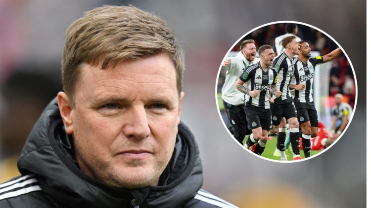 Newcastle United's English head coach Eddie Howe reacts during the English FA Cup fifth round football match between Newcastle United and Brighton ...