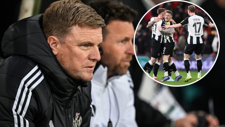 Newcastle United Head Coach Eddie Howe sits in the dugout during the Premier League match between Newcastle United FC and Brentford FC. Inset, Newc...