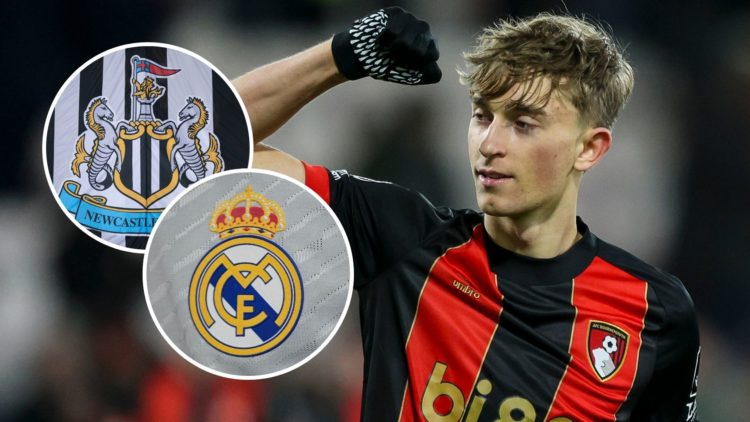 Image of Dean Hujsen with two insets of the Newcastle United and Real Madrid badges