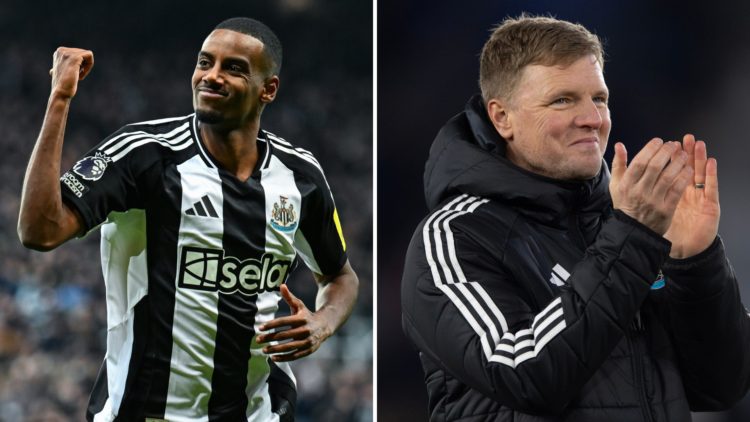 Split image of Alexander Isak of Newcastle United (14) celebrates after scoring Newcastle's opening goal during the Premier League match between Ne...