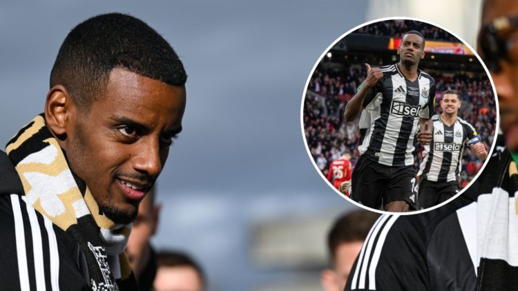 Alexander Isak during the Newcastle United trophy parade and celebration. Inset, Alexander Isak of Newcastle United F.C.celebrate after scoring a g...