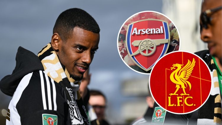 Alexander Isak during the Newcastle United trophy parade. Insets, A detailed view of the badge of Liverpool FC and a detailed view of the Arsenal b...