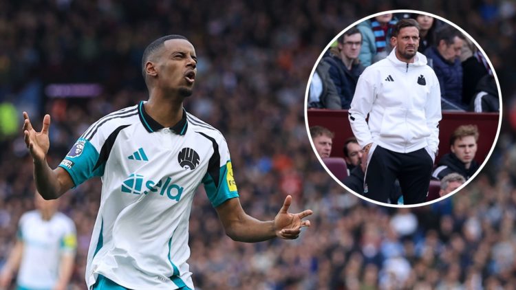 Alexander Isak of Newcastle United looks dejected during the Premier League match between Aston Villa FC and Newcastle United FC. Inset, Jason Tind...