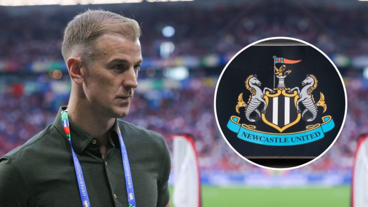 Pundit Joe Hart looks on during the UEFA EURO 2024 group stage match between Serbia and England. Inset, the Newcastle badge.