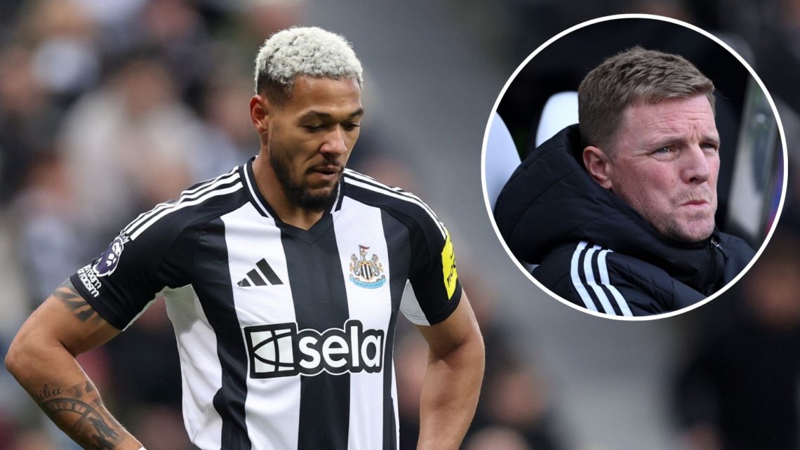 Joelinton of Newcastle United looks on during the Premier League match between Newcastle United FC and Crystal Palace. Inset, Eddie Howe, Manager o...